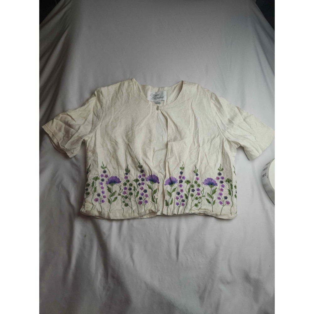 Sarah Elizabeth Cream Rayon Floral Embroidered Short Sleeve Blouse Womens 12